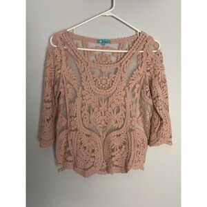 Me My Emblem Sheer Lace Crochet Peach Pullover Top Size Small
